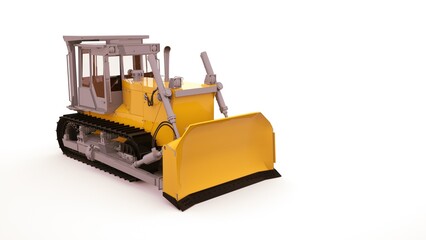 Fototapeta premium Modern yellow tractor, isolated illustration object on white background. Agricultural machinery, large tractor, 3d illustration.