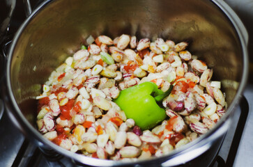 Roman beans ready to cook in the pot. Healty food