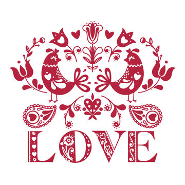 Abstract folk valentines illustration of animals and flowers. Valentines card