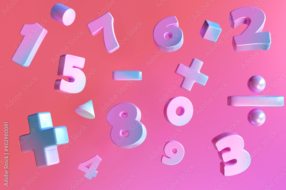 Wall mural gradient color number and basic math operation symbols on pink background. 3d render illustration. m