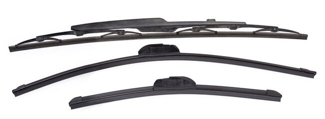 Pair of frameless windshield wipers blades against used traditional wiper - obrazy, fototapety, plakaty