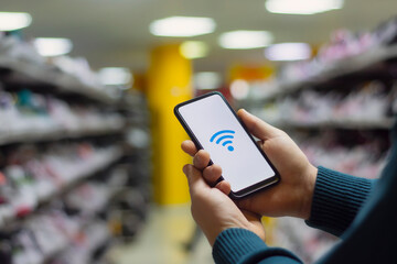 Free internet in the supermarket. Man holds a mockup of a smartphone with an icon on a white screen against the background of a fashionable clothing boutique.