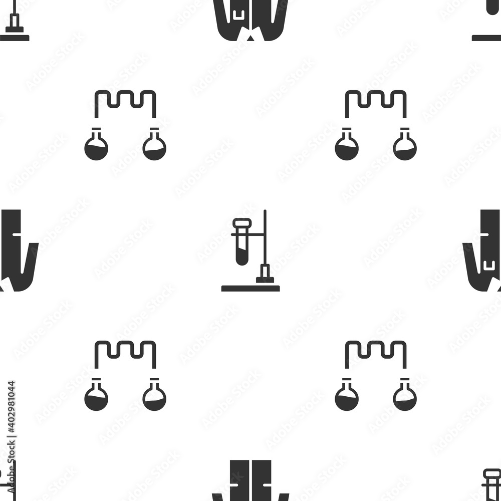 Poster set laboratory uniform, test tube flask on fire and and on seamless pattern. vector.