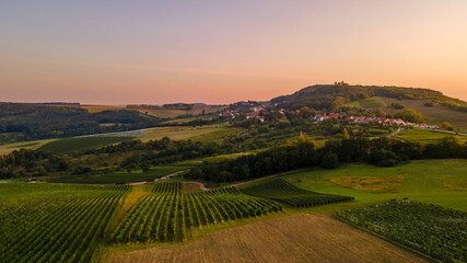 Aerial view of vineyards located in South Moravia captured during a sunny late afternoon.