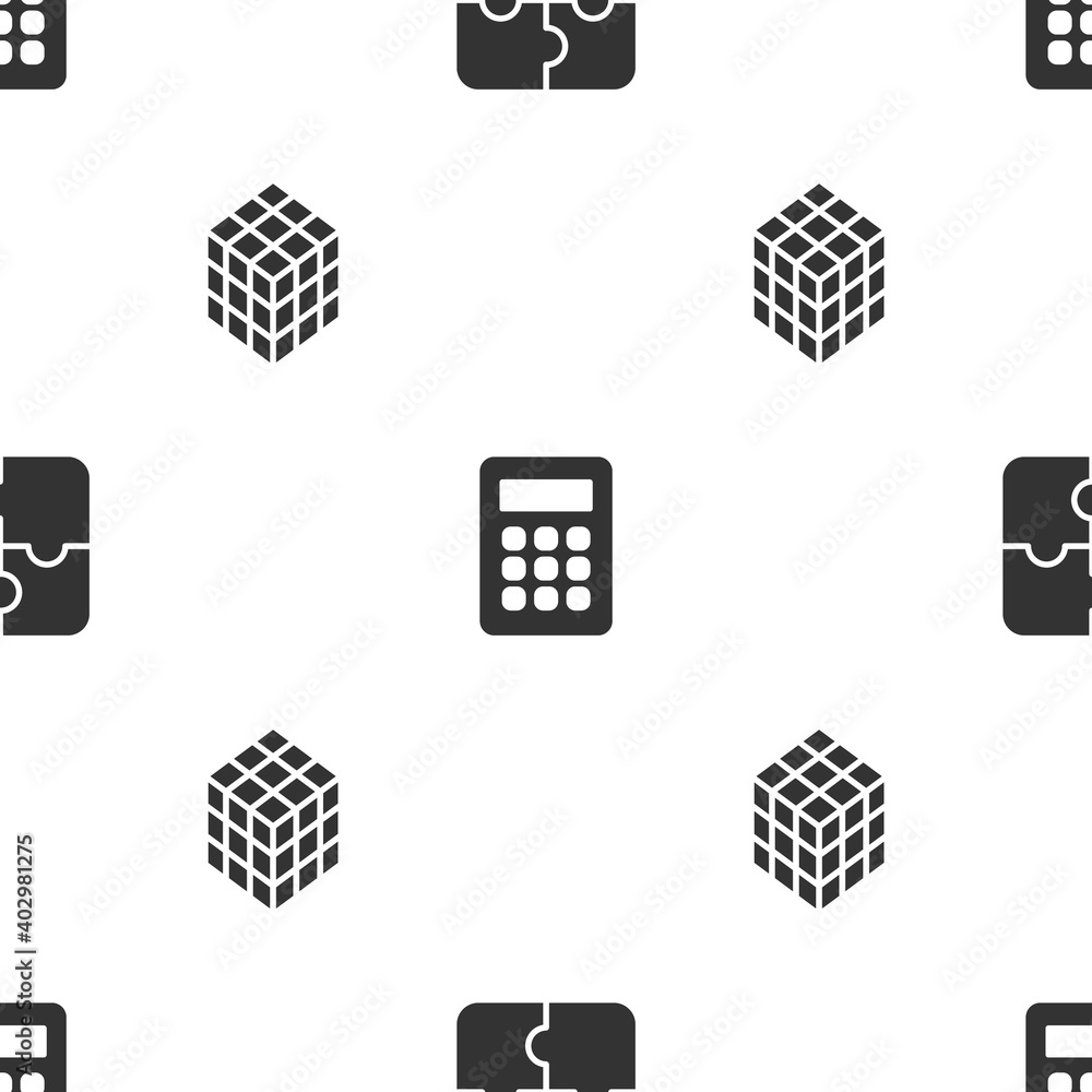Poster set piece of puzzle, calculator and rubik cube on seamless pattern. vector.