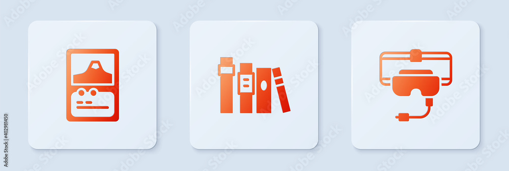 Poster set book, card game and virtual reality glasses. white square button. vector.