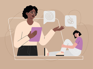 Psychologist helping patient by video call online, consultation with sad depressed woman. A girl with a problem has a conversation with a psychoanalyst, helpline service. Modern vector illustration