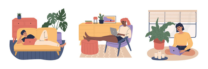 Set of freelancers man and woman working at home office on laptop in comfortable workspace. Remote worker and studying people characters. Trendy flat cartoon illustration, isolated on white background