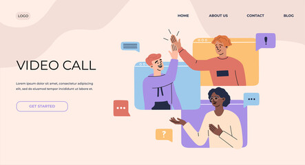 Video call landing page concept, banner of online conference with remote workers team at desktop screen, smiling man giving high five, working from home. Vector illustration on abstract background