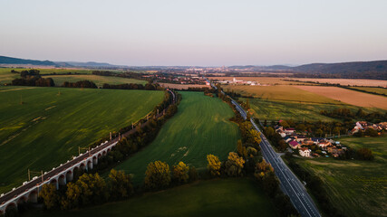 Aerial view of a railway viaduct with a car path near Lipnik nad Becvou with the surrounding...