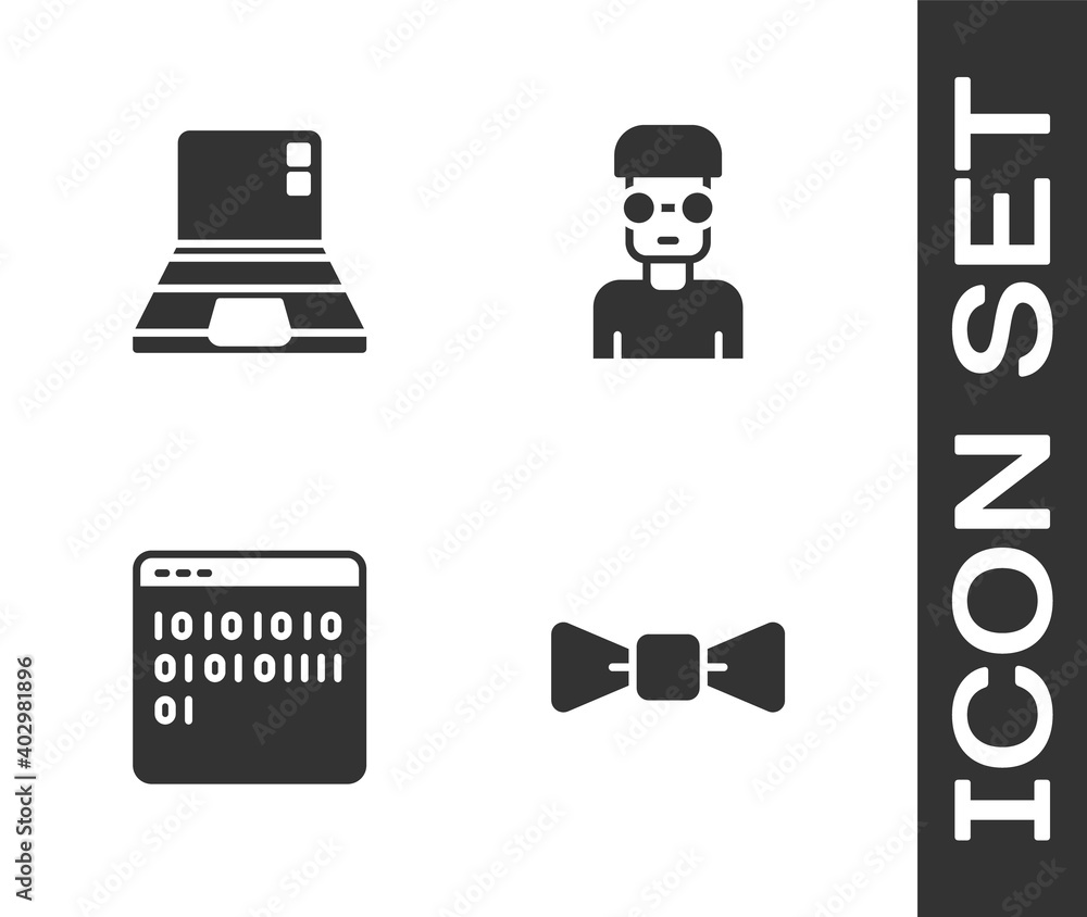 Poster set bow tie, laptop, binary code and nerd geek icon. vector.
