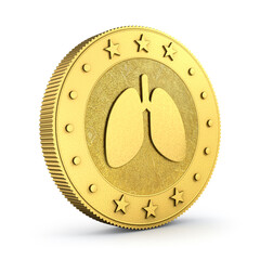 Lung shape engraved on gold coin isolated on a white background. 3d illustration. 3d rendering.