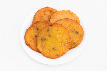 Malpua Mithai Originating From Indian Subcontinent Is Made Of Wheat Aata Maida Semolina Suji Deep Fried In Shuddha Desi Ghee And Dunked Soaked In Sugar Syrup. White Background With Copy Space For Text