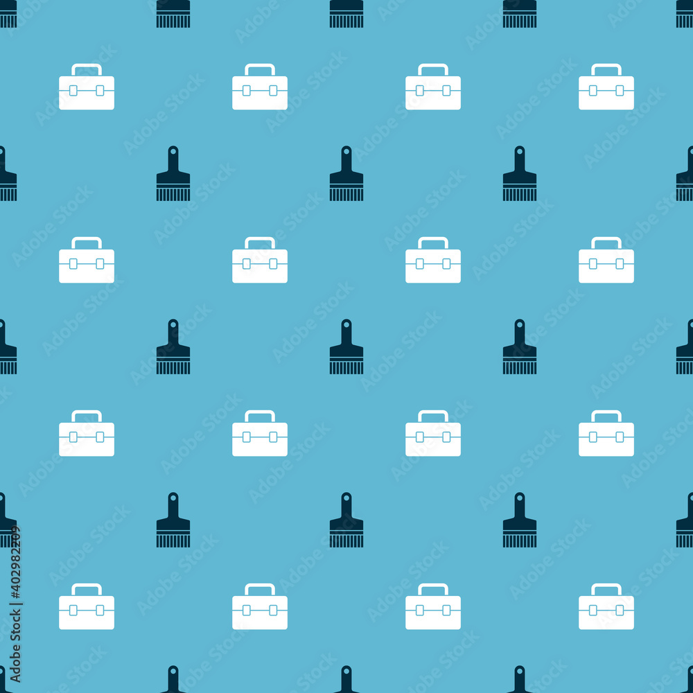 Poster set paint brush and toolbox on seamless pattern. vector.