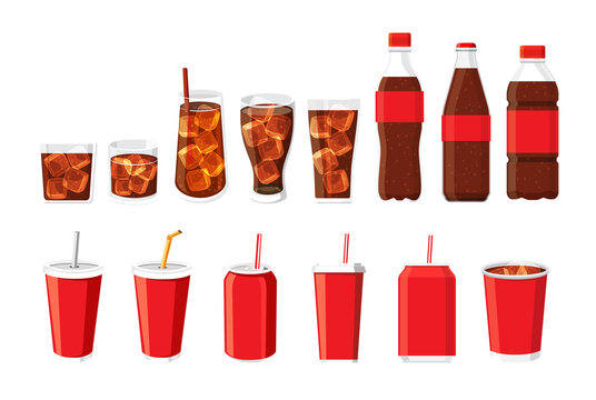 Various soft drinks in cans, a glass of cola vector illustration