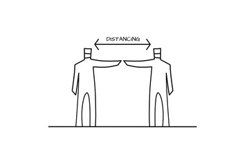 Doodle art for social distancing campaign. Two men, wearing mask, stand with distance to prevent the pandemic.
