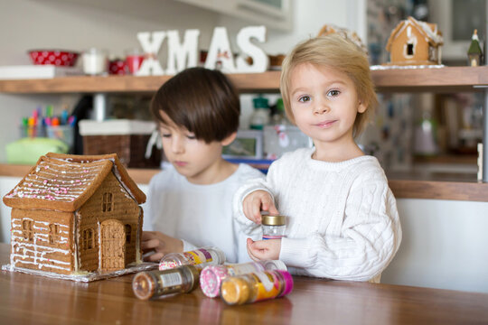 Children, boys, decorating home made ginger bread house at home