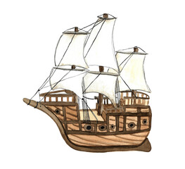 Watercolor illustration hand draw ship isolated on white background. Great for your summer projects design.