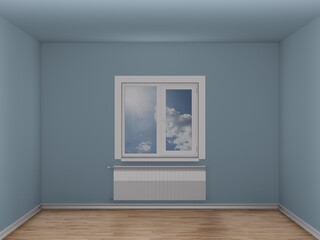 Empty room with window and heating radiator. 3D illustration