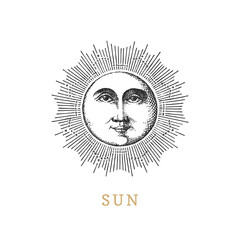 Sun, hand drawn in engraving style. Vector image.