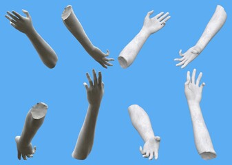 Set of white stone statue hand detailed renders isolated on blue, lights and shadows distribution example for artists or painters - 3d illustration of objects