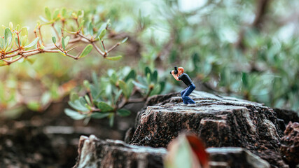 Miniature photographer taking photo of beautiful landscape