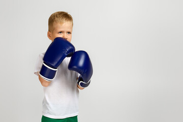 little boxing fighter boy in blue boxer gloves child dreams of becoming a boxing champion. copy space