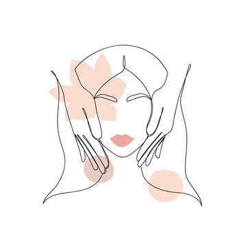 Abstract image in a linear style of a woman and hands giving a face massage. Vector illustration.