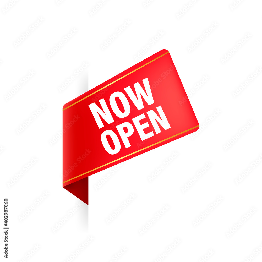 Poster vector now open red banner. label with text in flat style. vector illustration.