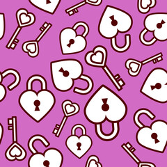 Seamless pattern, hearts, lock and key. Scrapbooking Elements for cards, prints, stickers, wallpaper, fabric, textile, gift paper. Love, wedding and Valentine's day.