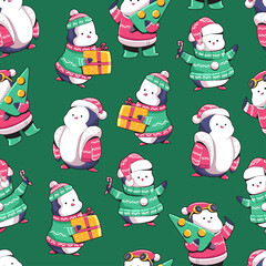 Christmas penguin vector cartoon seamless pattern background for wallpaper, wrapping, packing, and backdrop.