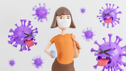 A young woman wearing a medical mask and holding a hand wash alcohol gel surrounded by cute purple colona virus characters crying on white background.,3d model and illustration.
