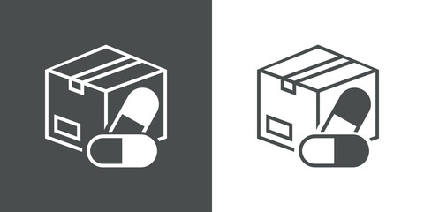 Logotipo entega de medicamentos. Icono caja de cartón con píldoras con lineas en fondo gris y fondo blanco © teracreonte