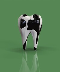 Teeth that have polka dots like a cow. Concept of strong teeth because of drinking cow's milk. 3d render.