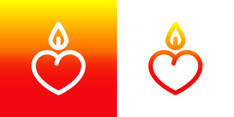 Día de San Valentín. Logotipo con corazón como vela encendida con lineas en fondo rojo y fondo blanco © teracreonte