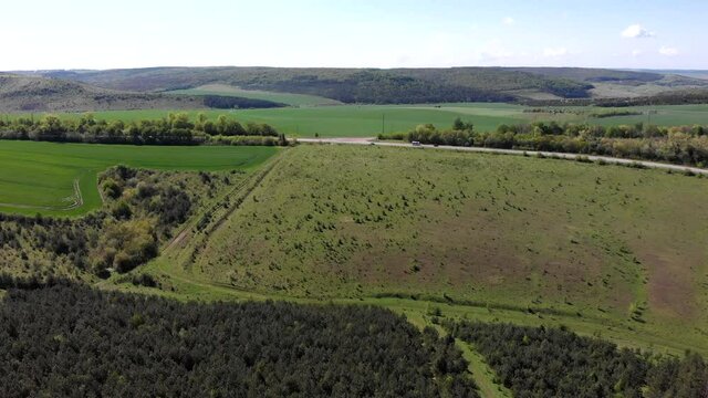 Aerial view of the landscapes of Ternopil region, highway m12, Ukraine