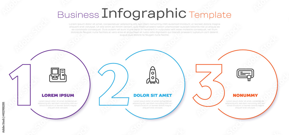 Poster set line monitor with keyboard, rocket ship and certificate template. business infographic template.