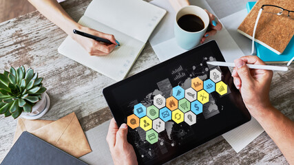 Application and diagrams on device screen. Business control panel and apps development concept.