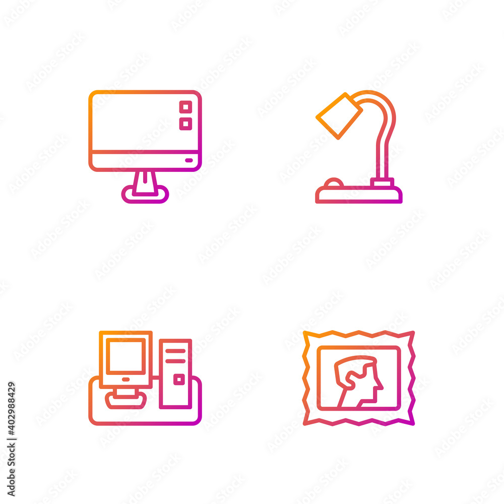 Poster set line postal stamp, monitor with keyboard, computer monitor screen and table lamp. gradient color
