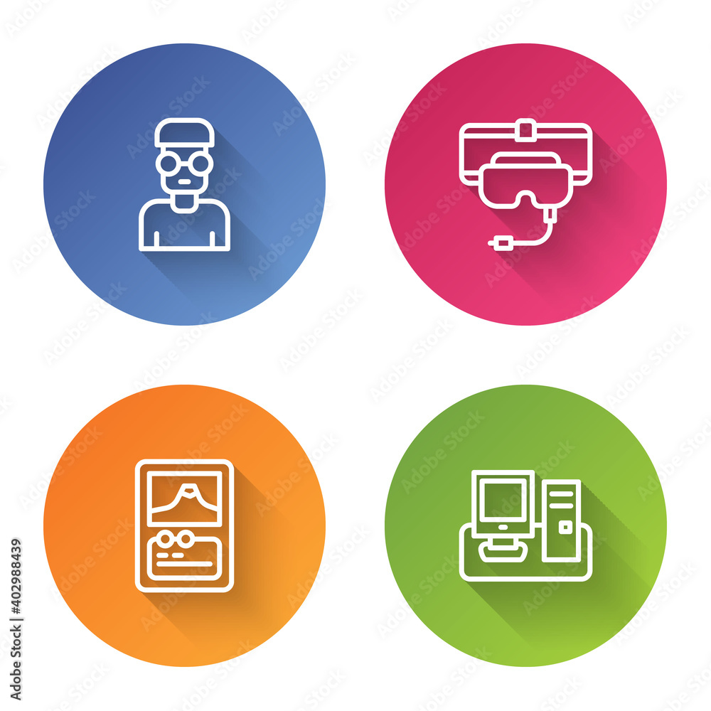 Poster set line nerd geek, virtual reality glasses, card game and monitor with keyboard. color circle butto
