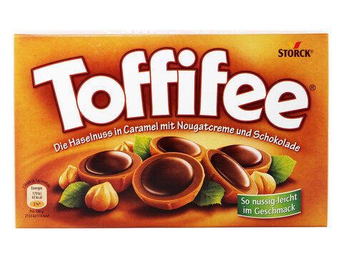 BUCHAREST, ROMANIA - APRIL 8, 2015. Box of Toffifee candies isolated on white, made by Storck