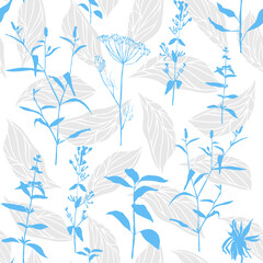 Vector floral seamless pattern. Realistic hand drawn flowers and leaves in pastel colors on white background.