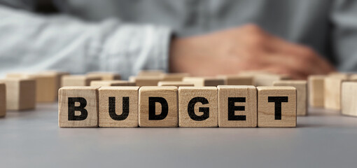 The word BUDGET made from wooden cubes. Selective focus
