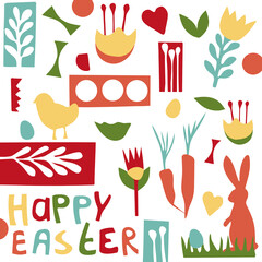 Happy Easter, papercut collage with chickens, bunnies, carrots, flowers, text and words in spring colors on white background