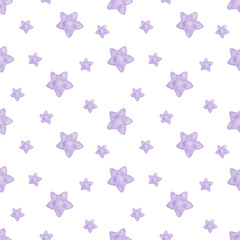 Naklejka premium Watercolor seamless pattern with pastel violet stars. Hand drawn minimalist illustration for kids fabric, nursery wallpaper, planner cover, baby shower invitation, baby diapers.