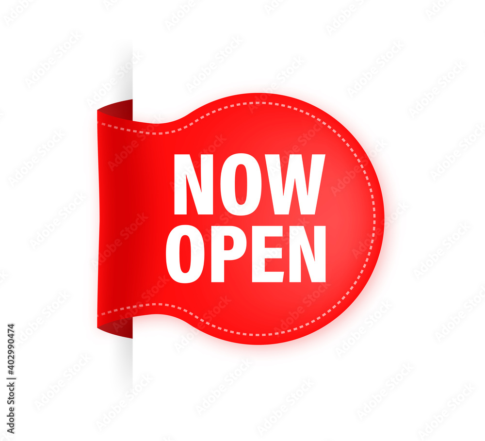 Poster vector now open red banner. label with text in flat style. vector illustration.