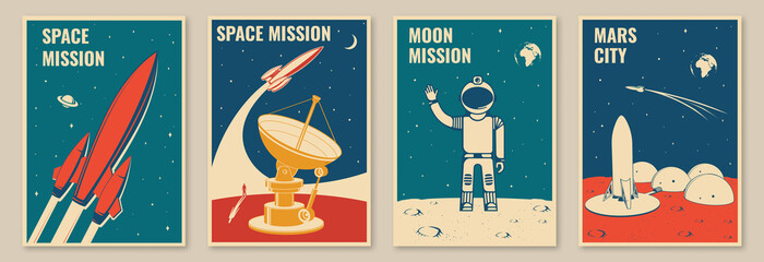 Mars city and space mission posters, banners, flyers. Vector Concept for shirt, print, stamp. Vintage typography design with space rocket, astronaut on the moon and city on mars silhouette. © sivvector