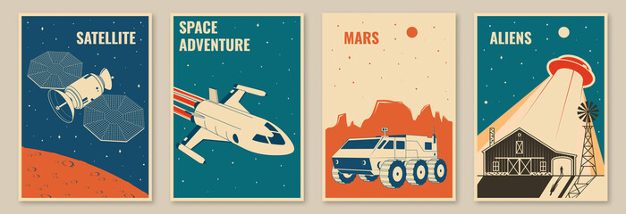 Space mission posters, banners, flyers. Vector illustration Concept for shirt, print, stamp. Vintage typography design with space rocket, mars rover and ufo flying spaceship silhouette. - obrazy, fototapety, plakaty
