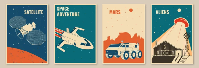 Plakate, Banner, Flyer für Weltraummissionen. Vektorillustration Konzept für Hemd, Druck, Stempel. Vintage-Typografie-Design mit Weltraumrakete, Mars-Rover und UFO-Flugraumschiff-Silhouette. © sivvector