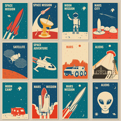 Space mission posters, banners, flyers. Vector illustration Concept for shirt, print, stamp. Vintage typography design with space rocket, alien and camper silhouette. © sivvector